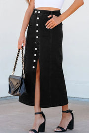Black denim midi skirt with button front and high slit