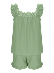 Light blue ruffled pajama set with square neckline and short shorts.