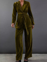 Army green velvet belted blazer and wide leg trousers ensemble
