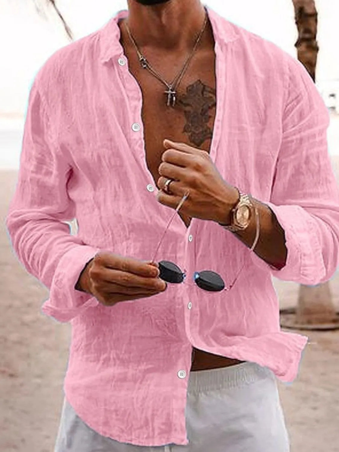 Relaxed Dusty Pink linen button-front shirt with a collar and long sleeves.