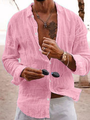 Relaxed Dusty Pink linen button-front shirt with a collar and long sleeves.