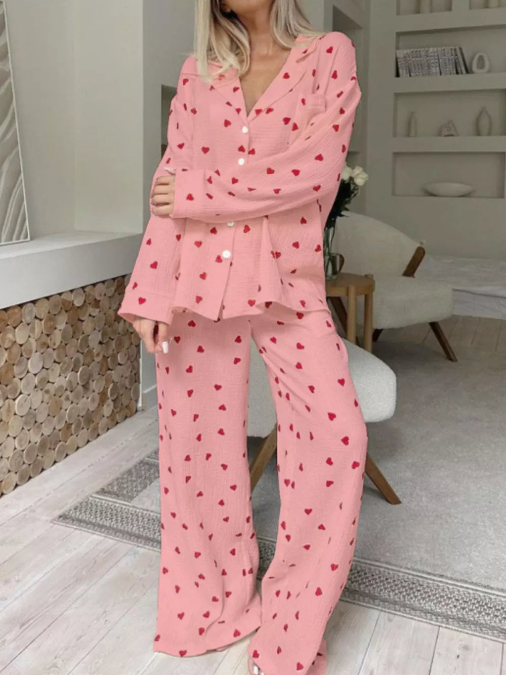 Heart Print Long Sleeve Top And Pants Lounge Set in Apricot, back view