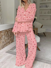 Heart Print Long Sleeve Top And Pants Lounge Set in Apricot, back view