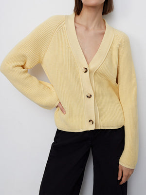 Yellow ribbed raglan cardigan with deep V-neck and button front
