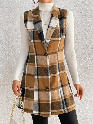 Camel plaid blazer vest with tailored silhouette and button front, worn over a white turtleneck.