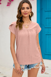 Dusty Pink eyelet cap-sleeve top with keyhole neckline and gathered detail