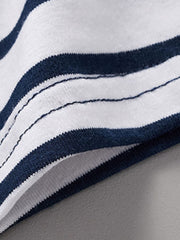Toddler t-shirt with navy and white stripes, crew neck, cotton fabric.