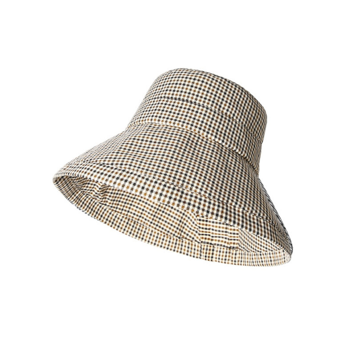 Gingham wide brim bucket hat in Style A, featuring a checkered pattern and a casual design.