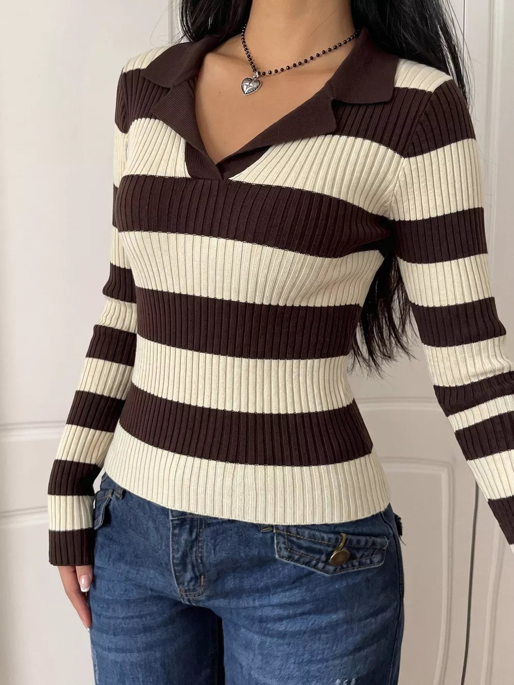 Striped Ribbed Knit Long Sleeve Sweater in Coffee Brown, close-up detail