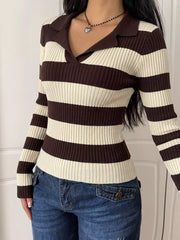 Striped Ribbed Knit Long Sleeve Sweater in Coffee Brown, close-up detail