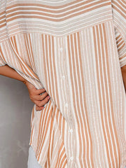 Maternity collared shirt with half sleeves in Khaki Wave Point stripe pattern and decorative buttons.
