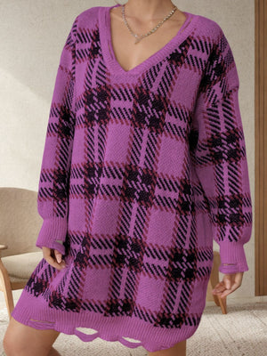 Pink Purple plaid knit tunic with distressed hem and V-neck.