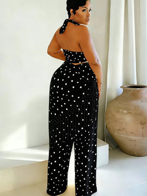 Black polka dot cami and fringe pants set with halter neck and wide leg.