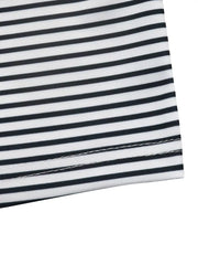 Black and white striped crew neck t-shirt with stitched hem detail