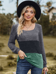 Square neck colorblock blouson top in gray, black, and gum leaf green with long sleeves.