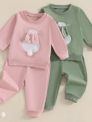 Baby bunny applique outfit set in pink and green cotton.