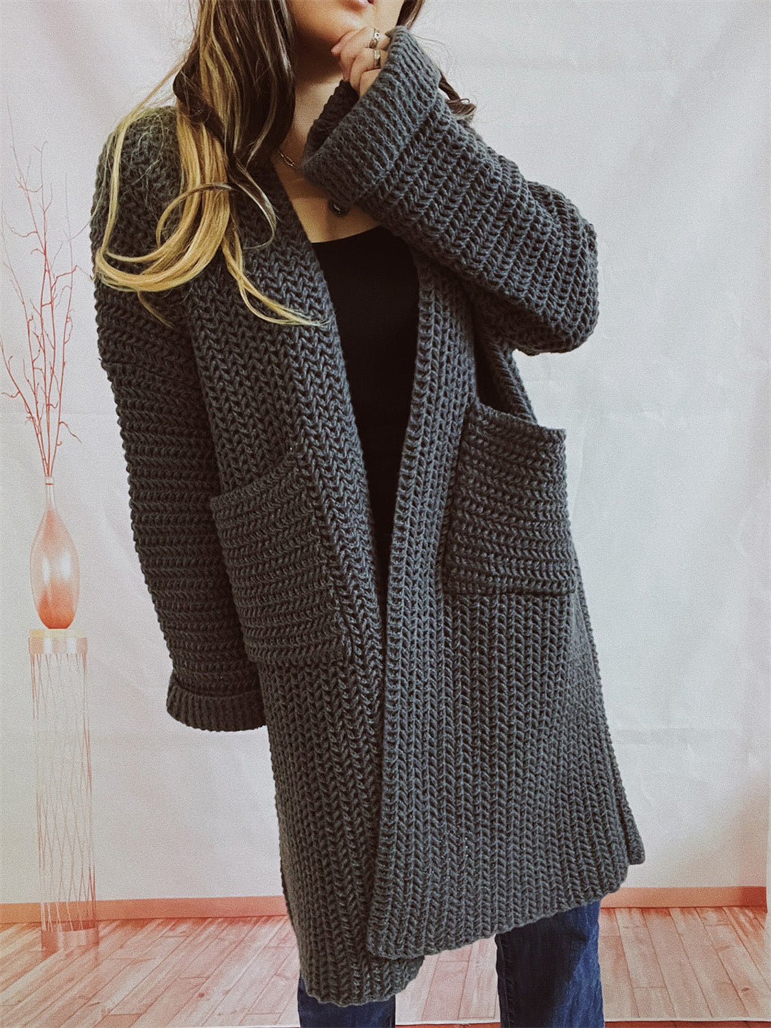 Chunky knit cocoon cardigan coat in charcoal with pockets and wide sleeves.