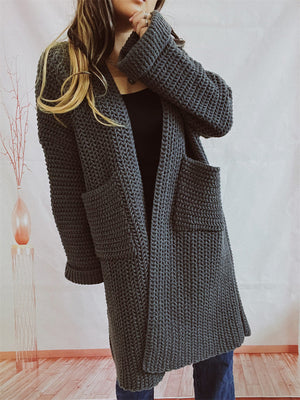 Chunky knit cocoon cardigan coat in charcoal with pockets and wide sleeves.