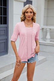 Layered knit square neck top in blush pink with textured sleeves and open knit detail.