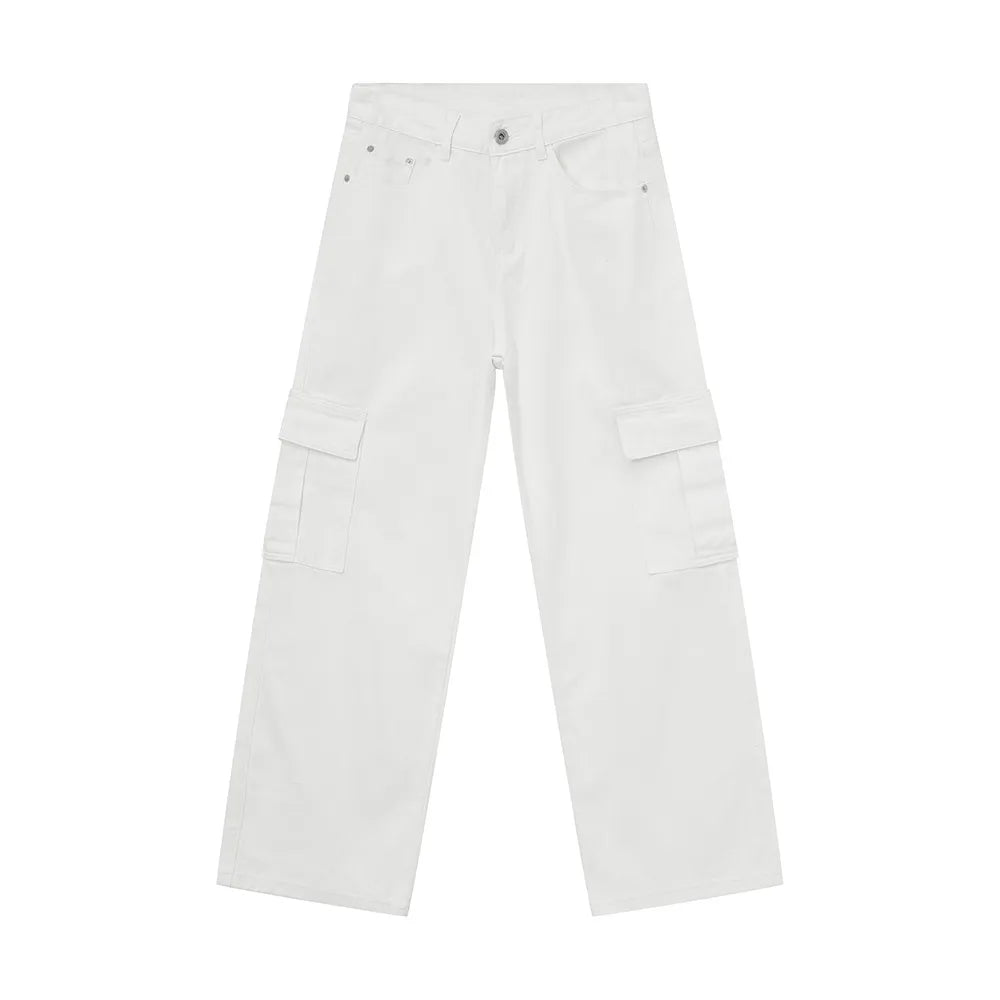 White oversized cargo denim trousers with multiple pockets.