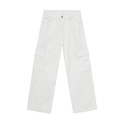 White oversized cargo denim trousers with multiple pockets.