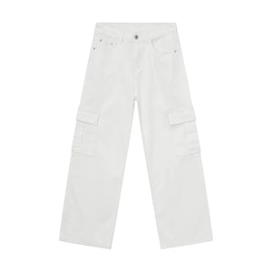 White oversized cargo denim trousers with multiple pockets.