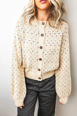 Geometric Print Button Front Cardigan in Beige, front view