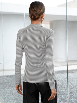 Ribbed Henley stripe top in gray with buttoned neckline and long sleeves.