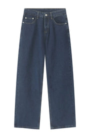Baggy dark wash denim jeans with a subtle flare and classic five-pocket styling.