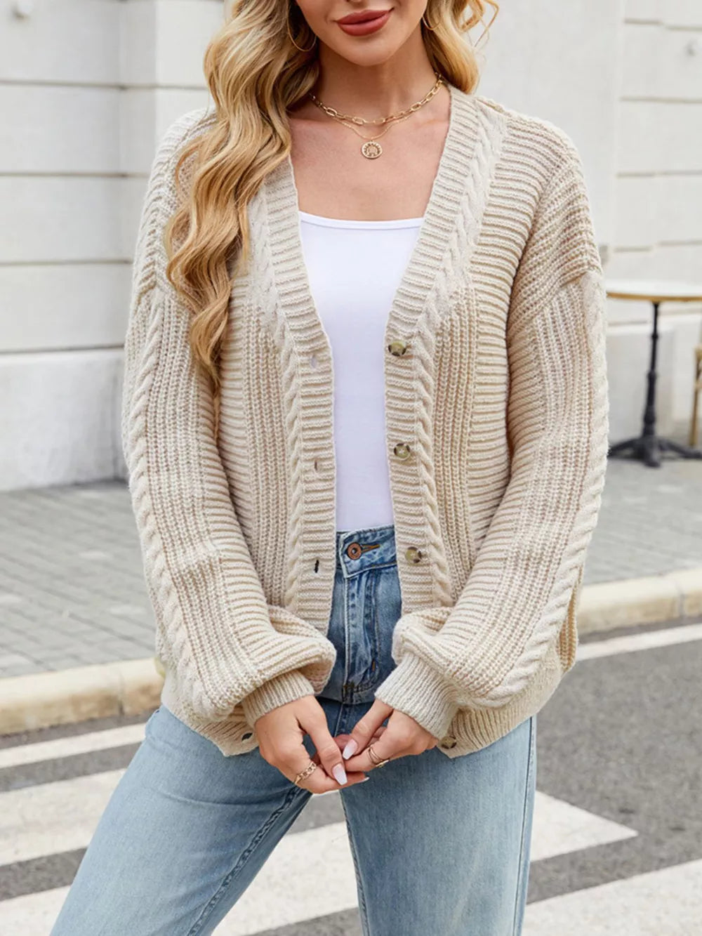 Cable Knit Button-up Cardigan in Black, front view