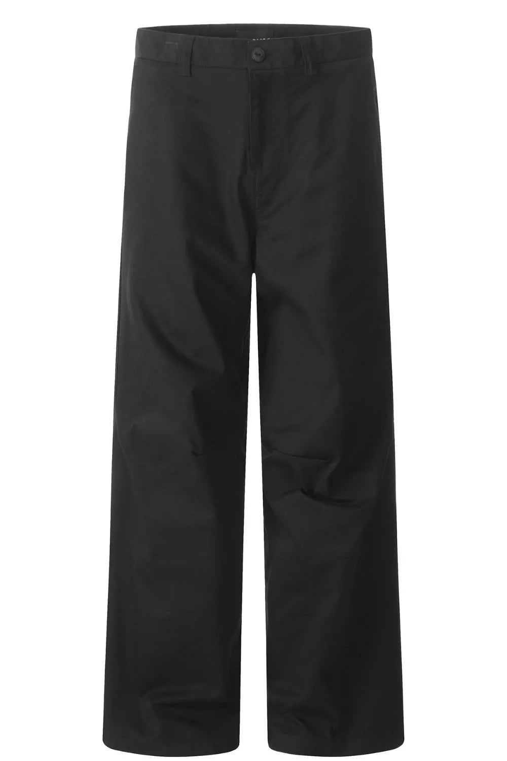 Men's black wide leg casual cargo pants with a button closure.