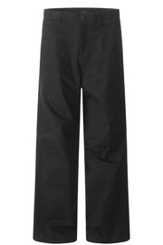 Men's black wide leg casual cargo pants with a button closure.