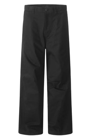 Men's black wide leg casual cargo pants with a button closure.