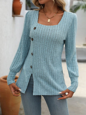 Pastel blue ribbed knit top with square neck and side button detail