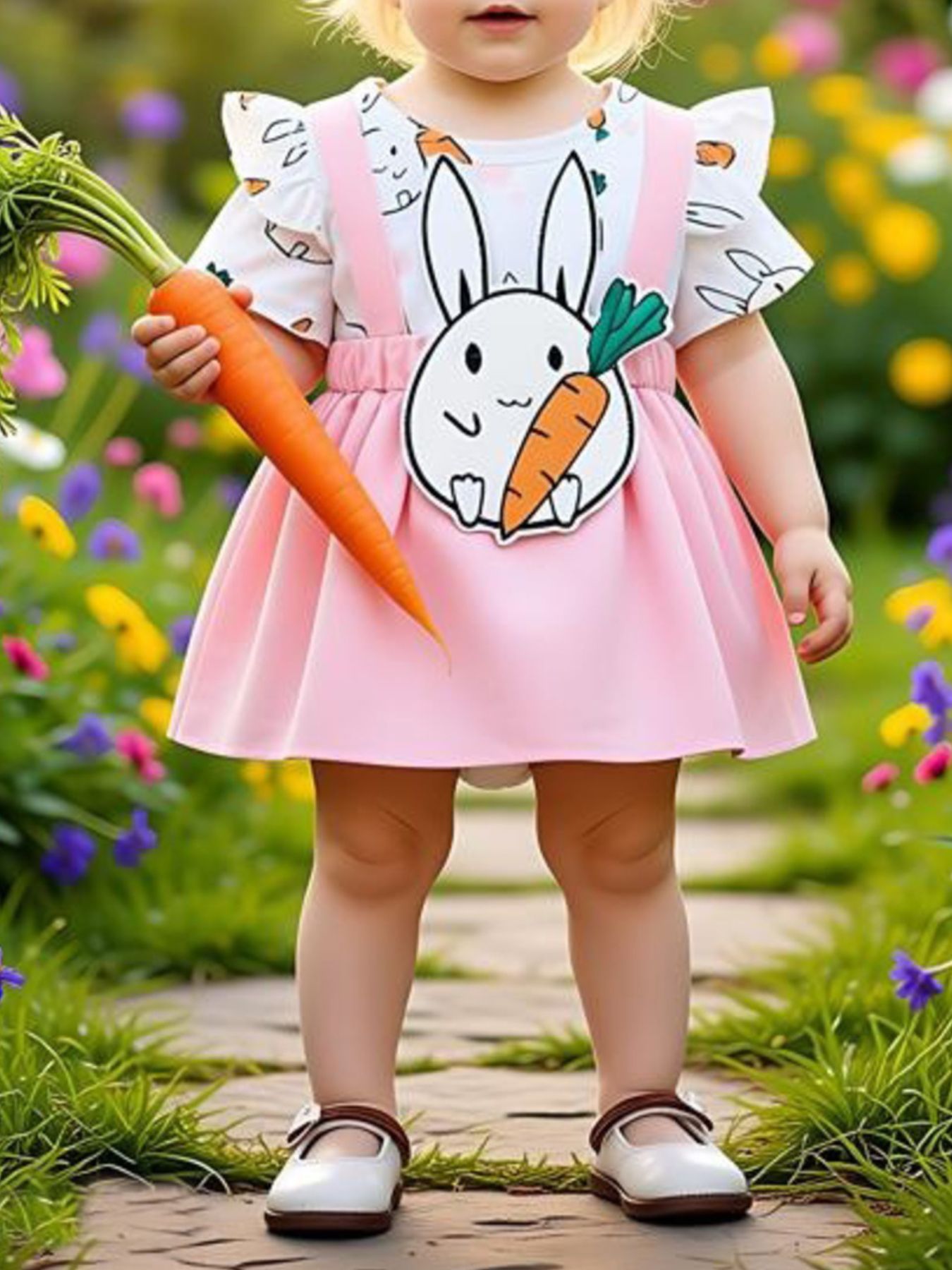Baby dress with pink bubblegum skirt and bunny applique, white top with bunny print.