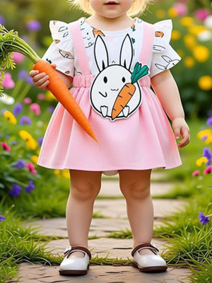 Baby dress with pink bubblegum skirt and bunny applique, white top with bunny print.