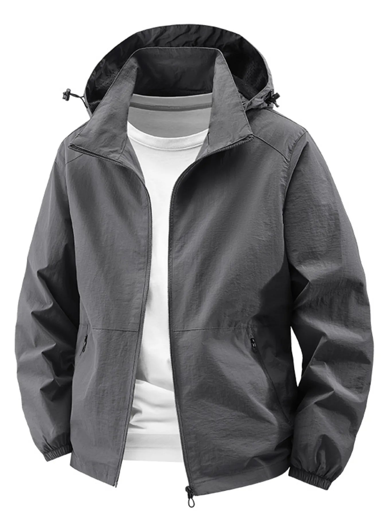 Grey hooded windbreaker jacket with zip front and pockets