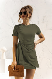 Army green jersey mini dress with knot-front detail and short sleeves