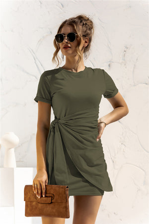 Army green jersey mini dress with knot-front detail and short sleeves