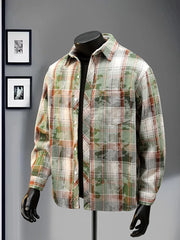 Heritage Plaid Long Sleeve Button-up Shirt in green and brown plaid with a camouflage overlay.