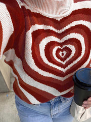 Heartbeat stripe mock neck knit sweater in brown and white with a ribbed neckline.