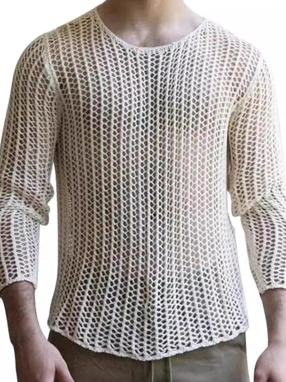 Open-knit crewneck long sleeve sweater in ivory with a relaxed fit.