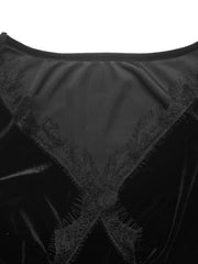 Velvet Lace Trim V-neck Mini Dress in Black, fit detail