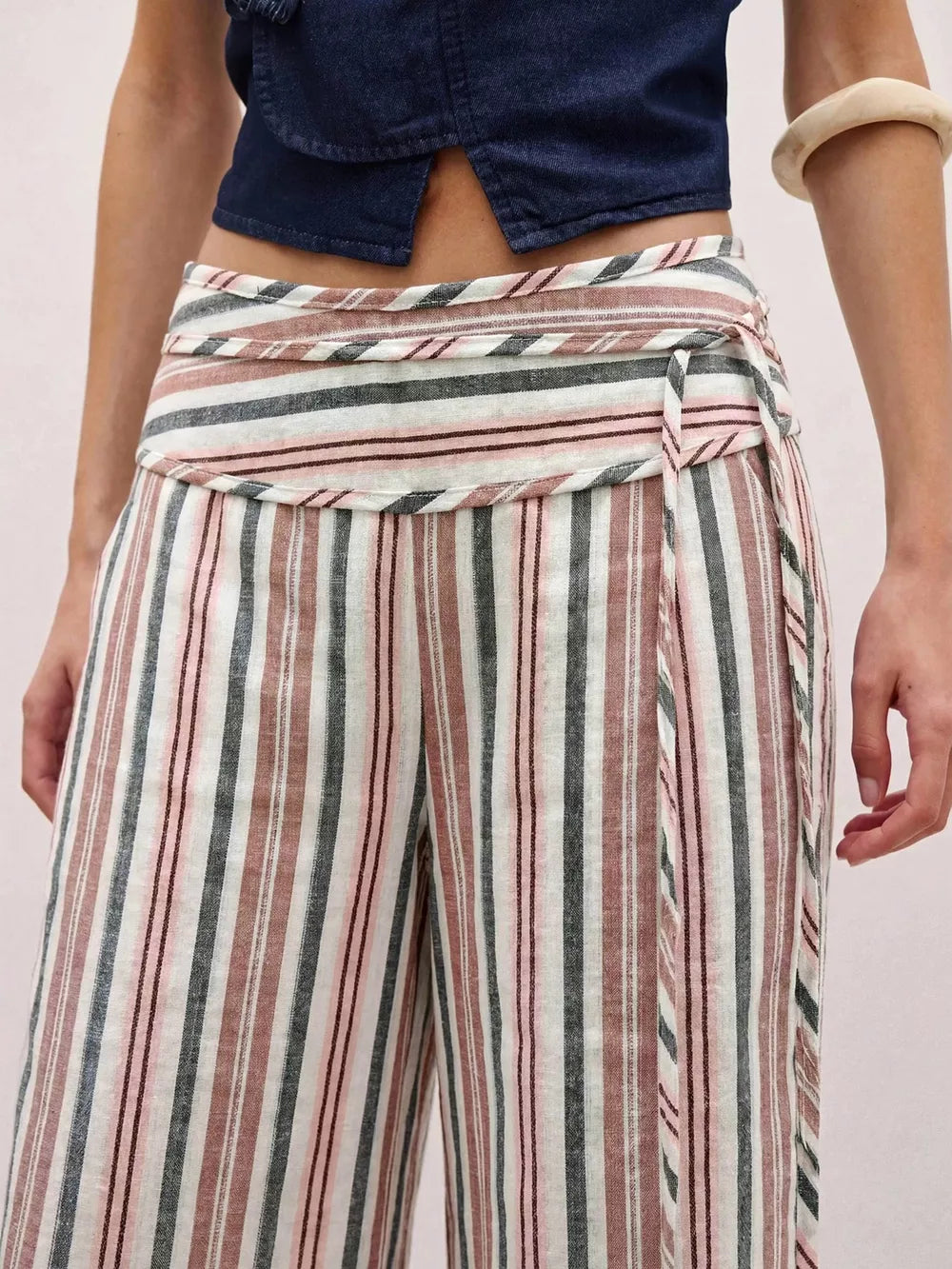 Striped Wide-leg Pants With Tie Waist in Blue, fabric detail