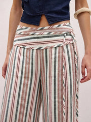 Striped Wide-leg Pants With Tie Waist in Blue, fabric detail