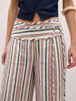 Striped Wide-leg Pants With Tie Waist in Blue, fabric detail