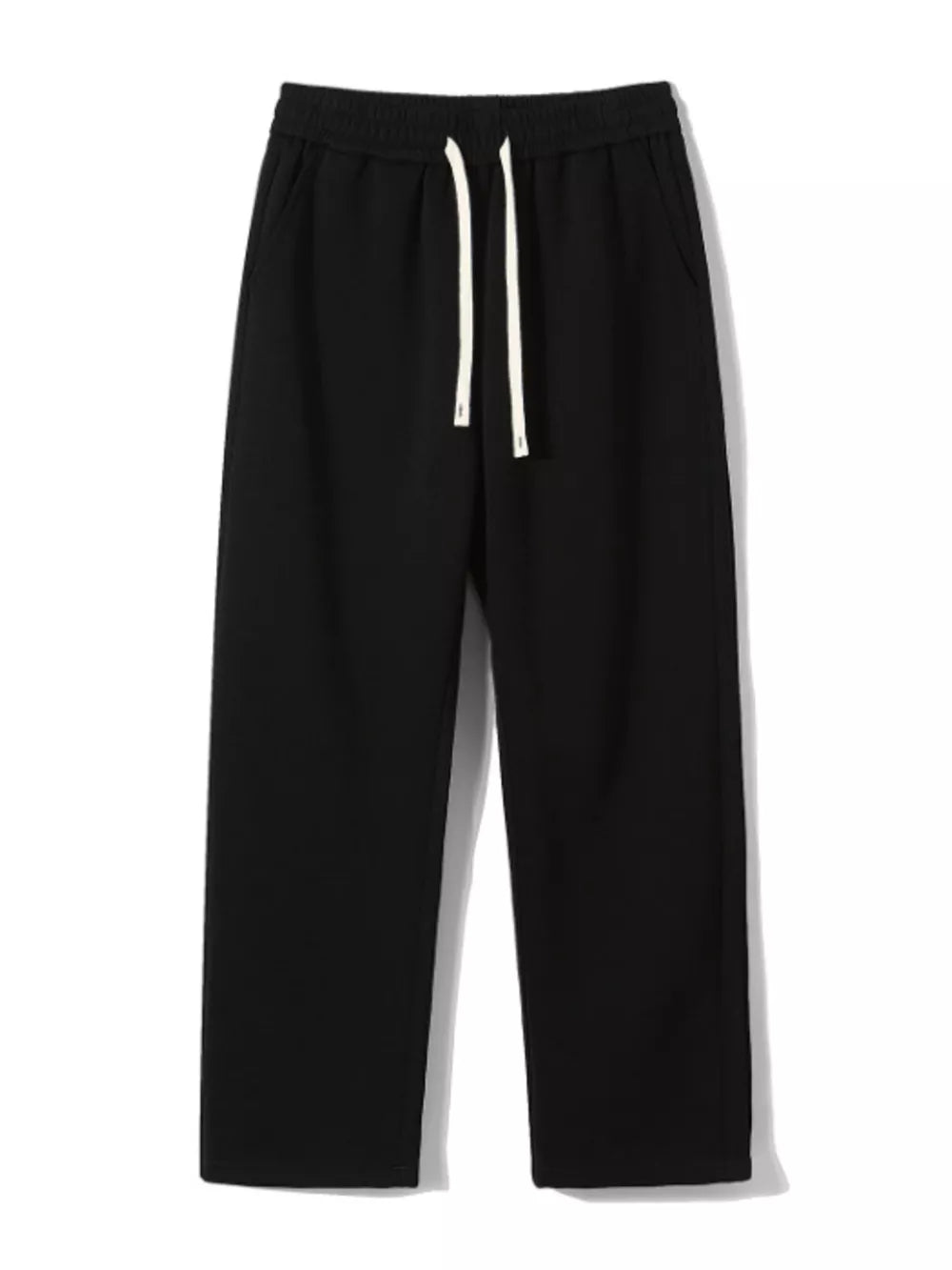 Black loose-fit men's sweatpants with drawstring and pockets.