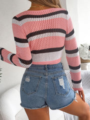 Striped crochet cropped cardigan in Blush Pink with white and black stripes, featuring a tie-front detail.