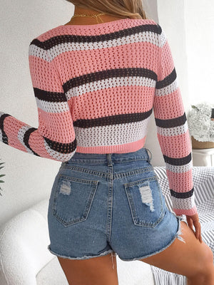 Striped crochet cropped cardigan in Blush Pink with white and black stripes, featuring a tie-front detail.