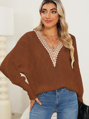 Brown openwork dolman sweater with lace trim V-neck, 100% acrylic.
